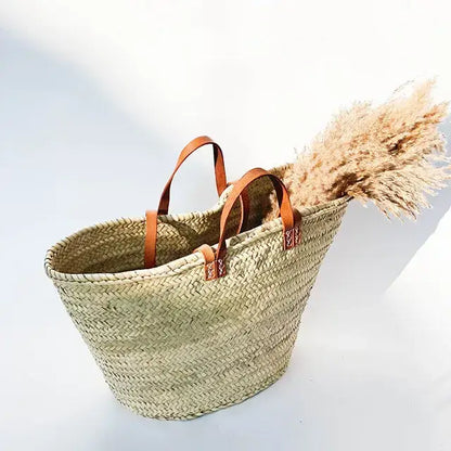 Handmade Straw Bag with Leather Handles, French Market Bag