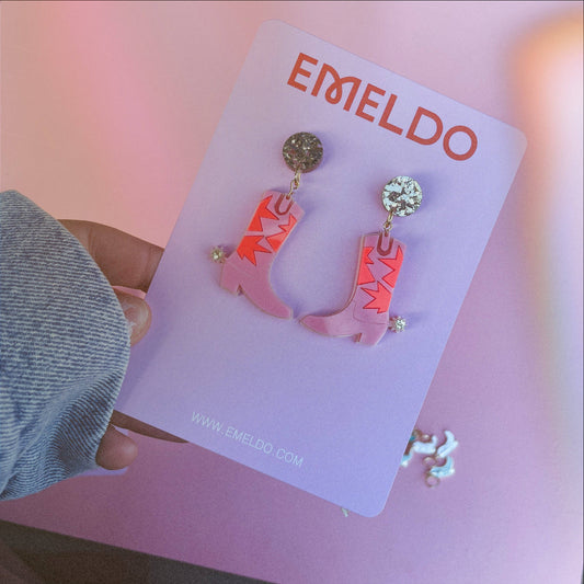 Cowgirl Boot Earrings // pink, neon red and gold