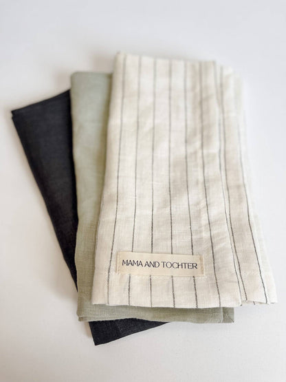Pure French Linen Tea Towel - Olive Stripe