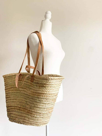 Handmade Straw Bag with Leather Handles, French Market Bag