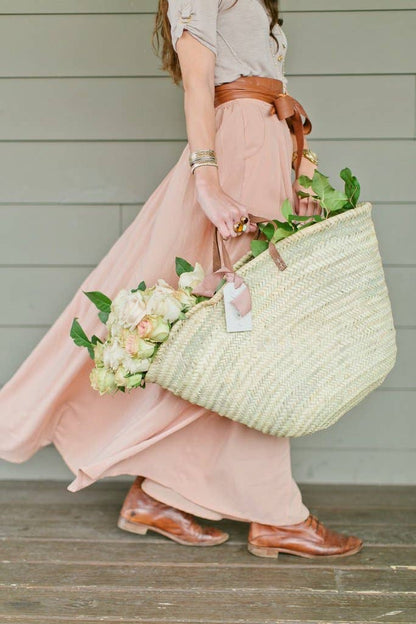 Handmade Straw Bag with Leather Handles, French Market Bag